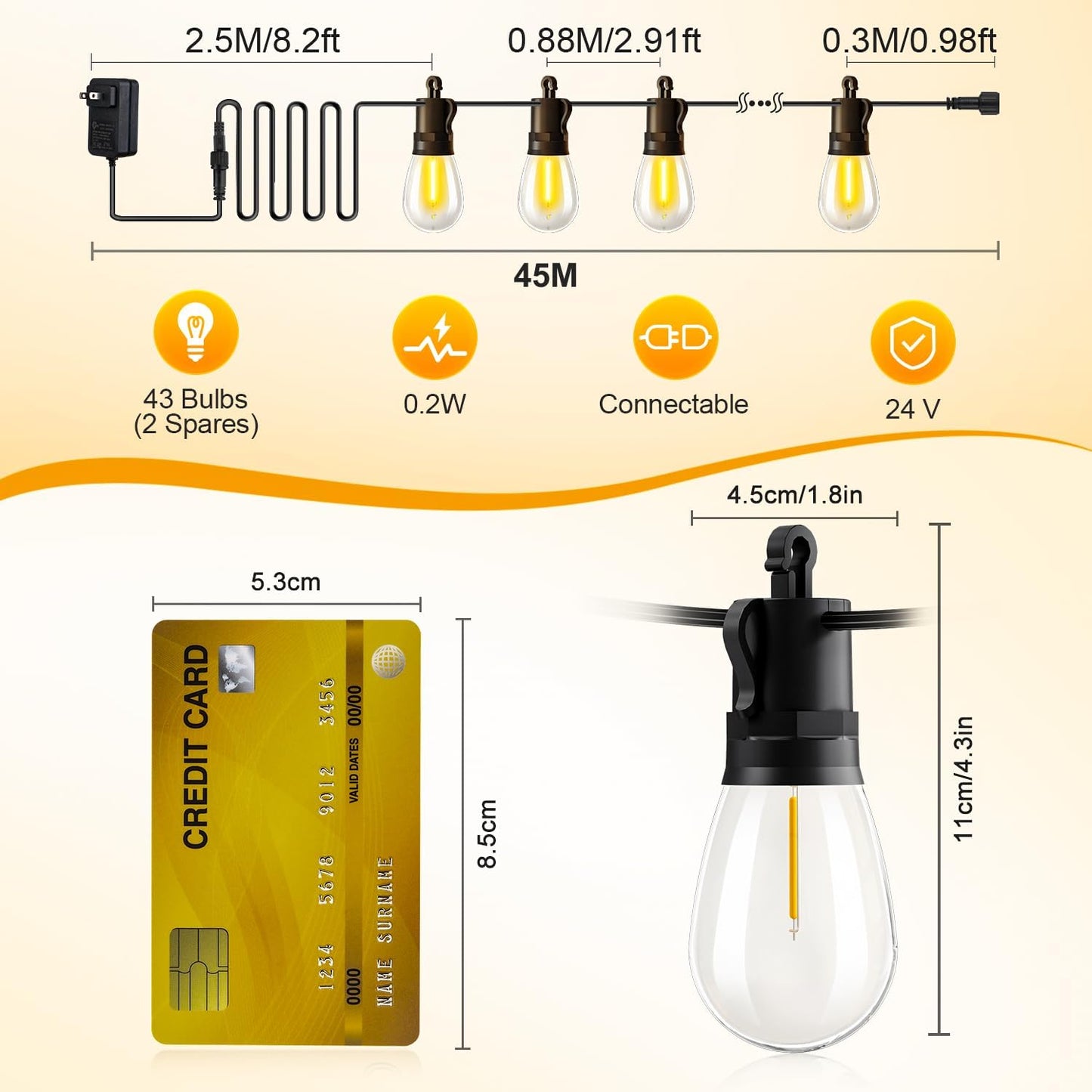 Outdoor String Lights Patio LED Light Outside - 45M 43+2 S14 LED 150ft Porch Lighting IP65 Waterproof