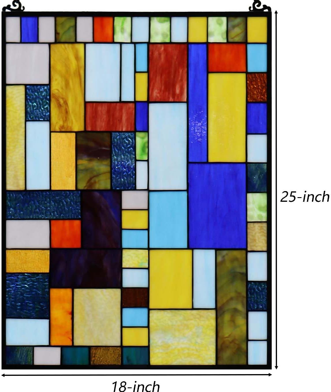 Bieye Geometric Color Block Tiffany Style Stained Glass Window Panel with Hanging Chain (18x25 inches W10091)
