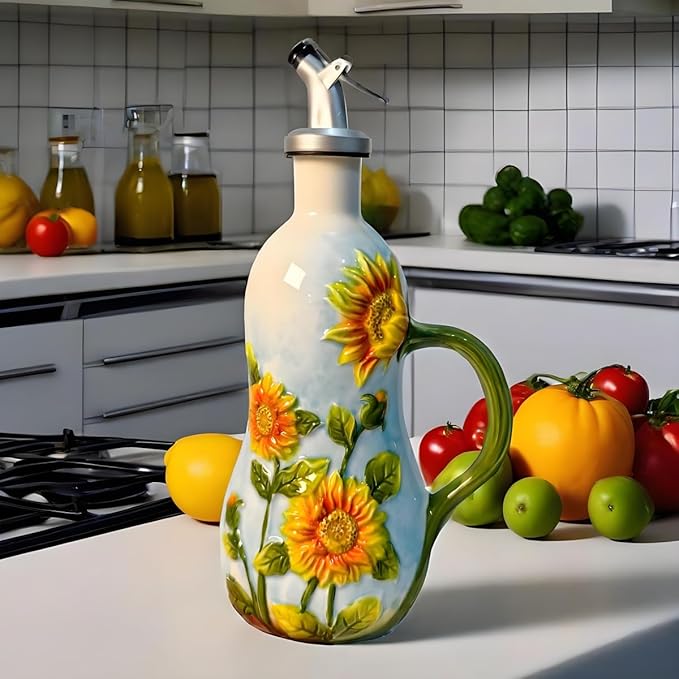 18 Oz Hand Painted Relief Ceramic Olive Oil Bottle Dispenser for Kitchen, Oil and Vinegar Bottle, Seasoning Bottle with Stainless Steel Nozzle, 540mL Oil Container with Handle for Cooking, Light Proof