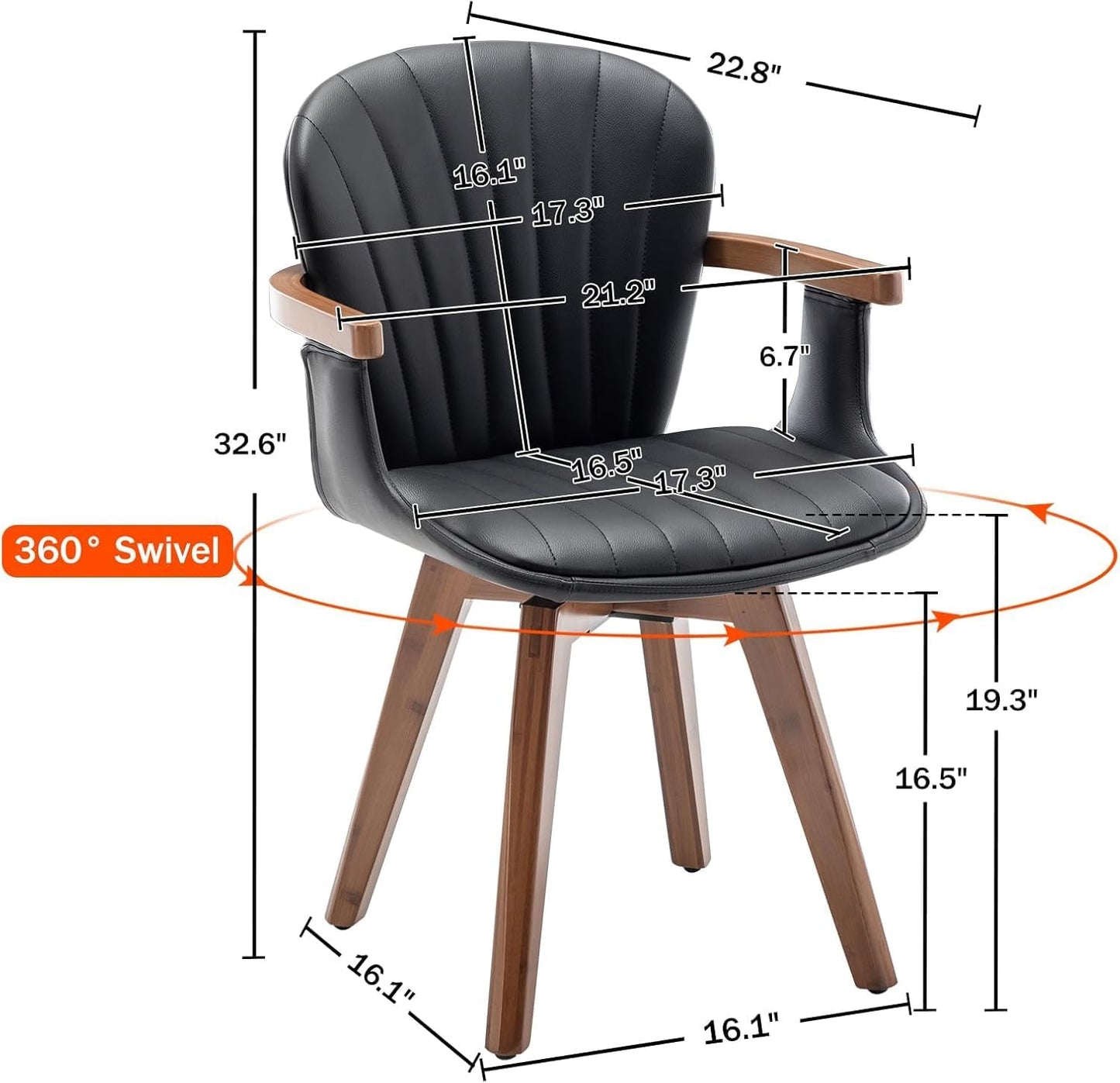 LUNLING Swivel Dining Chairs, Mid Century Modern Black Faux Leather Kitchen Chairs with Arms,Bamboo Legs Side Chairs No Wheels,Accent Chair for Dining Rooms and Offices,1PCS