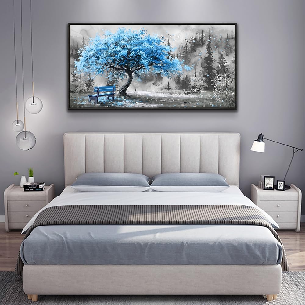 ZUITINGHUA Large Black Framed Wall Decor For Living Room Canvas Wall Art For Office Modern Wall Decorations For Bedroom Blue Tree Landscape Paintings Black And White Pictures Home Decor 24x48 In