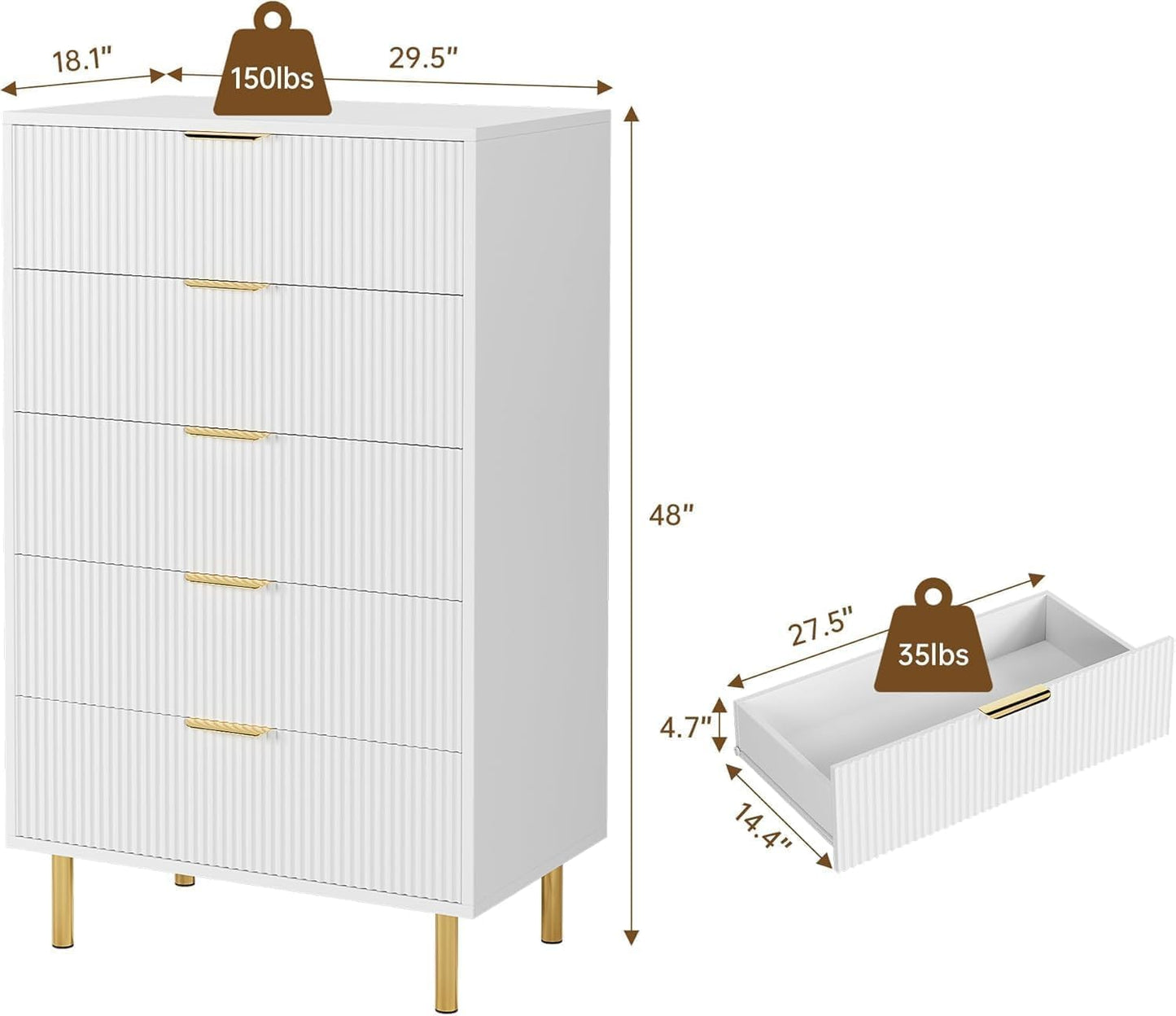 GAOMON 5 Drawer Dresser, Wood Chest of Drawers Organizer Storage with Gold Handle, Tall Storage Cabinet, Modern Design Dresser for Bedroom, Living Room, Closet, Hallway, Entryway, White