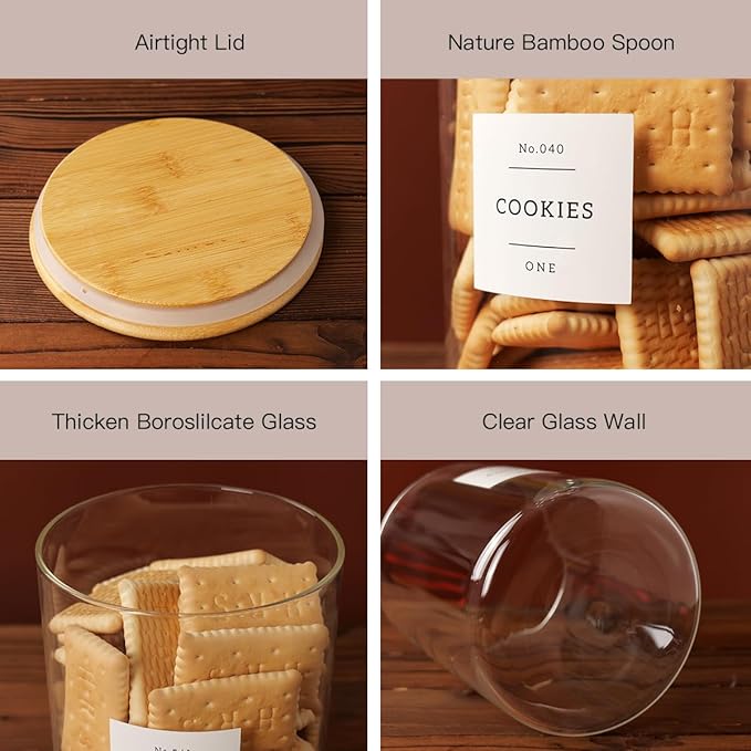 Set of 2 Large Glass Flour and Sugar Containers - 100 Fl oz Thicken Glass Storage Jars with Airtight Bamboo Lid and 132 Kitchen Pantry Labels - Big Clear Rice Containers Farmhouse