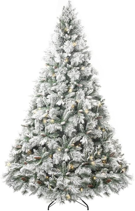 Naomi Home 7.5ft Snow Flocked Christmas Tree with Lights,Realistic Frosted Pine Prelit with Pine Cones, Foot Pedal 1556 Branch Tips, 750 Warm Lights & Metal Stand, Pre Lit Xmas Tree
