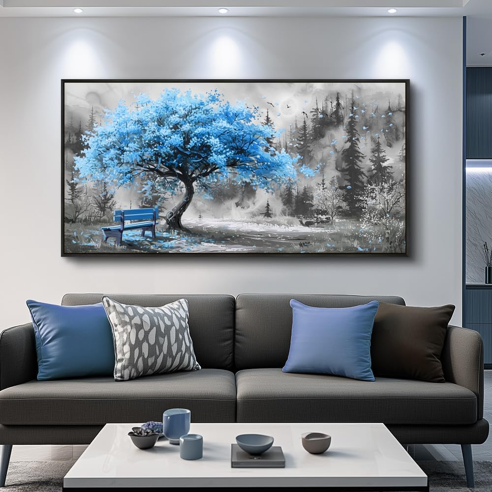 ZUITINGHUA Black Framed Canvas Wall Art For Living Room Wall Decor For Bedroom Office Wall Decoration Blue Tree Landscape Painting Black And White Picture Artwork Room Aesthetic Home Decor 20x40 In