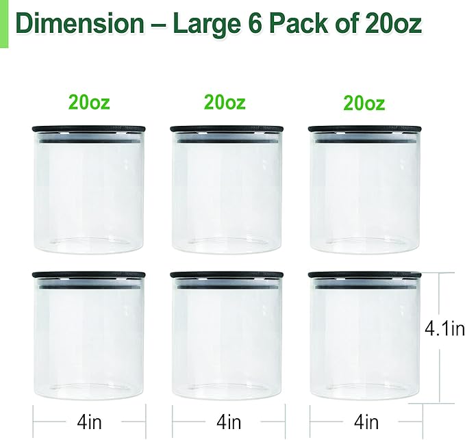 Urban Green Glass Jars with Airtight Black Lids, Food Storage Container with Airtight Lids, Glass Canisters Sets, Kitchen Food Storage Containers (6 Sets of 20oz)