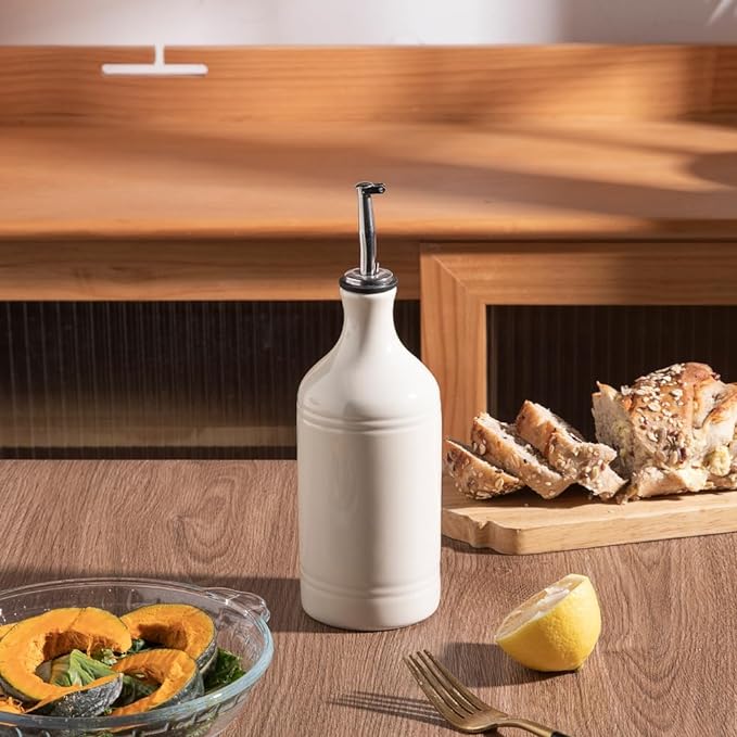 Sweejar Ceramic Olive Oil Dispenser Bottle, Opaque Oil Cruet Protects Oil to Reduce Oxidation, Suitable for Storage Oil, Vinegar, Coffee Syrups & Other Liquids, Pack of 1, 15.5 Fl Oz (Beige)