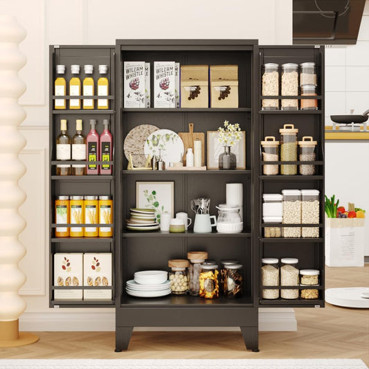 51" Kitchen Pantry Cabinet, Metal Storage Cabinet with 3 Adjustable Layer Shelves, 8 Door Shelves, Buffet Sideboard for Living Room, Kitchen, Black