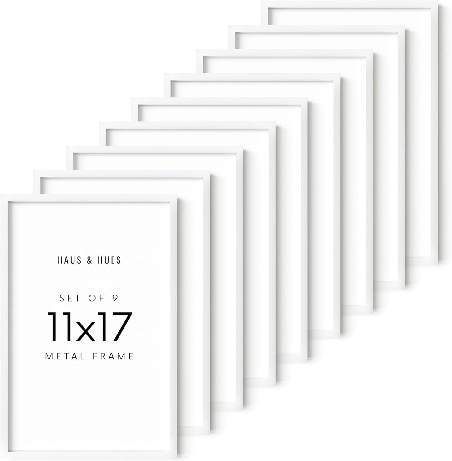 HAUS AND HUES 11x17 White Metal Picture Frames - Features Premium Aluminum, Vertical & Horizontal Hang, Shatterproof Plexiglass - Ideal for Home, Room, Office (11x17 in, White, Set of 9)