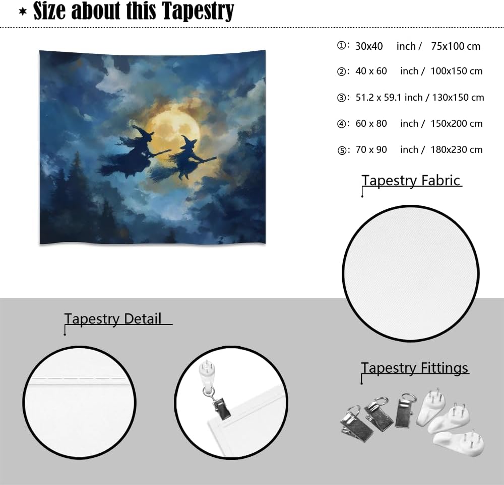 Spooky Halloween Witch Tapestry Wall Hanging Dark Fantasy Night Sky Aesthetic Print Flying Witches Under Full Moon Tapestries Horror Ghost Halloween Party Decor for Living Room Bedroom 30x40inch