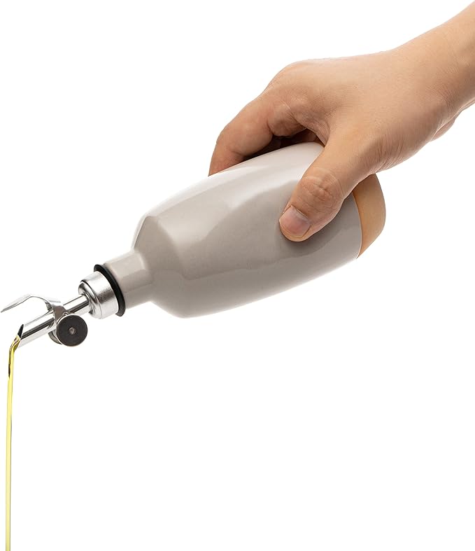 Olive Oil Dispenser Bottle Stoneware Ceramic, Cruet Protects to Reduce Oxidation, Suitable For Storage Of Oil, Vinegar, Coffee Syrups & Other Liquids - Stainless Steel Spout 14Oz