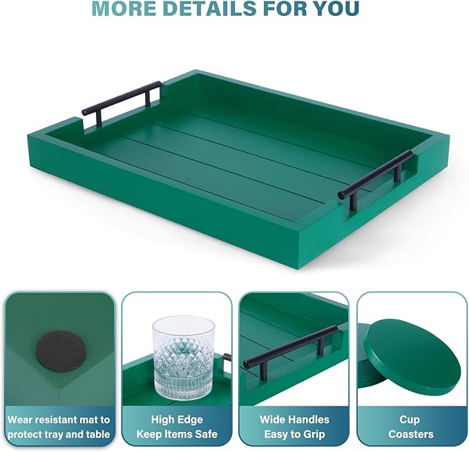 Ottoman Coffee Table Decorative & Serving Tray, 17x13 Inch Wood Tray with 4 Wooden Coasters - Perfect for Ottoman & Breakfast