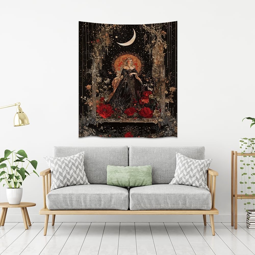 Dark Academia Moon Goddess Tapestry Gothic Fantasy Rose Wall Art Mystical Witchy Woman Print Victorian Artwork Aesthetic Tapestries Wall Hanging for Girls Room Bedroom Decor 70x90inch