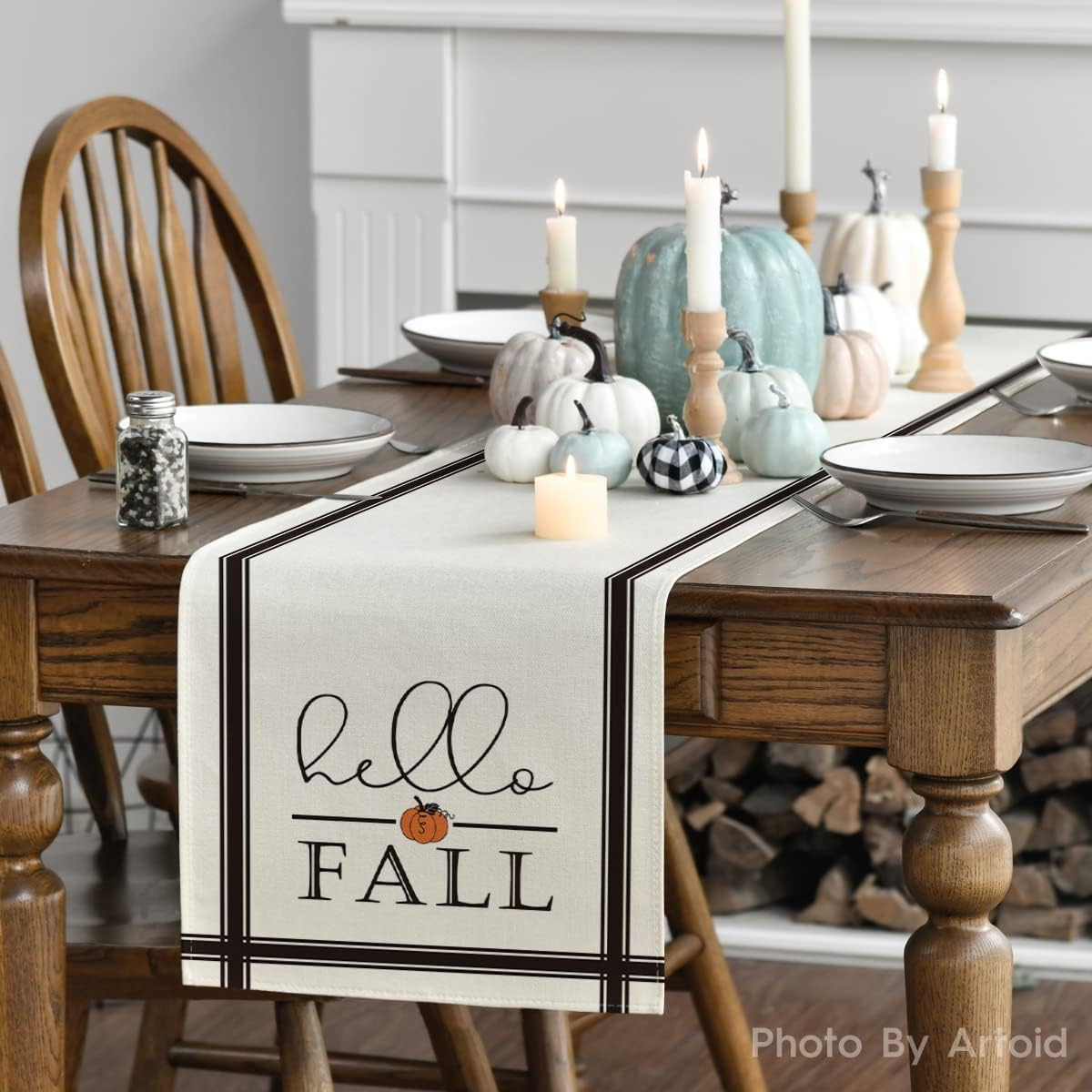 Artoid Mode Hello Fall Pumpkin Table Runner, Seasonal Harvest Vintage Thanksgiving Kitchen Dining Table Decoration for Indoor Outdoor Home Party Decor 13 x 48 Inch