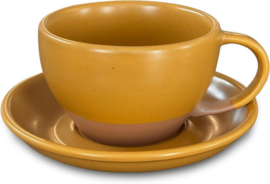 Mora Ceramic Latte Art Mug With Saucer - 10.5 oz, Round Bottom For Perfect Pours - Cafe Cups for Cappuccino, Espresso, Coffee, Tea etc - Porcelain Set for Baristas, Great Gift - Pumpkin Orange