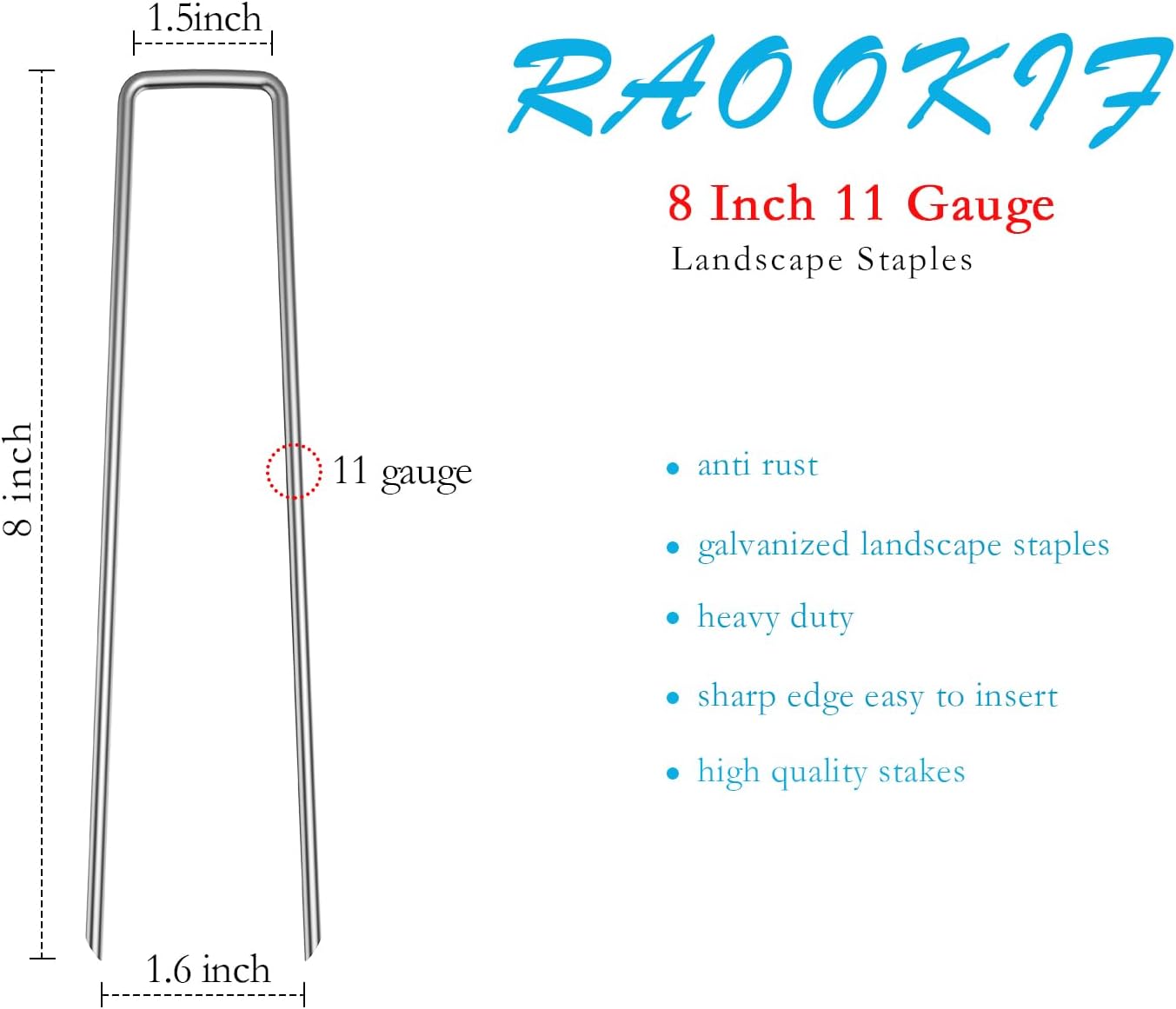 RAOOKIF 8 Inch Galvanized Garden Landscape Staples, 20/50/100/200Pcs Garden Metal Stakes, 11 Gauge Heavy Duty Ground Stakes for Decoration, Fence, Lawn, Fabric Pins