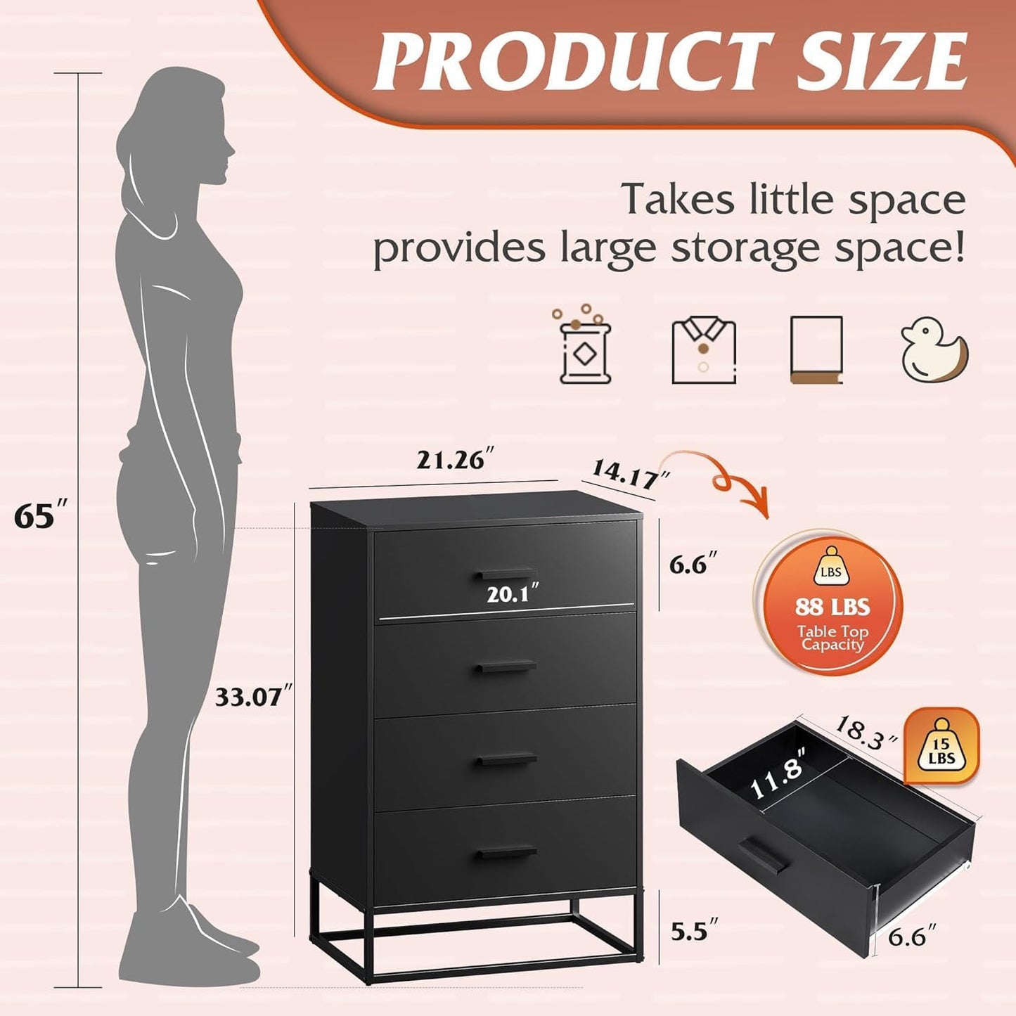 WLIVE Black Dresser for Bedroom with 4 Drawers, Tall Wood Dresser with Sturdy Metal Frame, Wooden Chest of Drawers for Hallway, Living Room, Closet