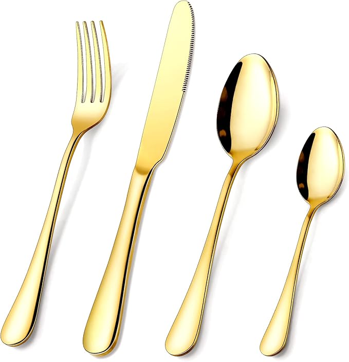 Gold Silverware Set, OGORI 24-Piece Food Grade Stainless Steel Gold Flatware Set, Kitchen Utensil Set Service for 6, Mirror Polished Tableware Cutlery Set for Home and Restaurant, Dishwasher Safe