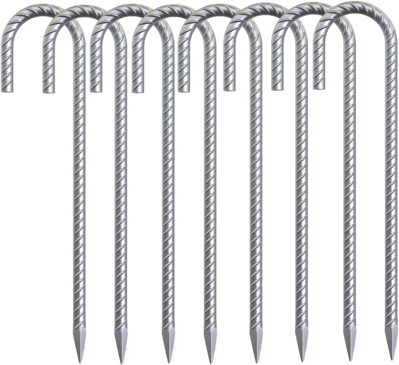 Rebar Stakes 16 inch, 3/8" Diameter Heavy Duty J Hook Stakes 8 Pack, Galvanized Anti-Rust Ground Anchor Long Tent Stakes for Dog Fence Trompoline Swing Set
