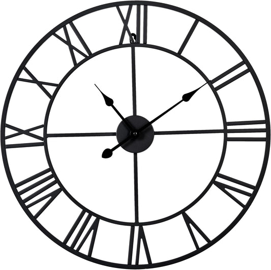 Large Wall Clock for Living Room Decor – 24 Inch Silent Non-Ticking Modern Farmhouse Wall Clock, Oversized Decorative Metal Roman Numeral Clock, Black