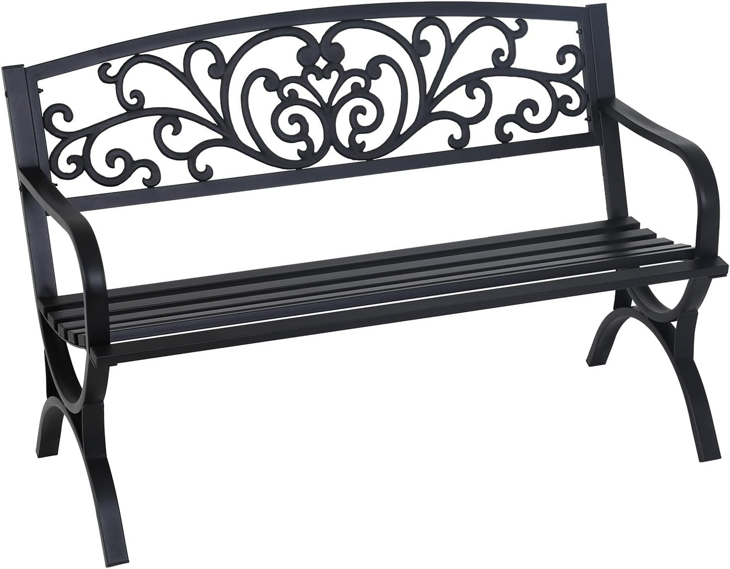 FDW Outdoor 50 Inches Garden Bench, Slatted Seat Armrests Floral Design Backres and Arch Legs, Perfect for Park, Yard, Porch, Lawn, Balcony, Backyard, Black