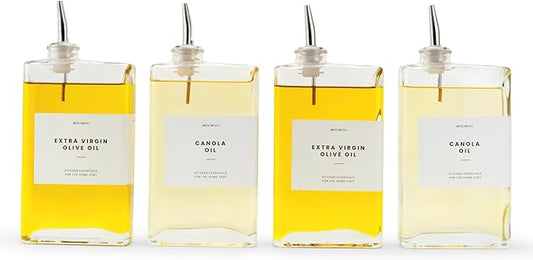 Molimoli Olive Oil Dispenser Bottle for Kitchen, Automatic Pourer, Glass Dispenser for Kitchen, Olive Oil Cruet, | Set of 4 - Silver