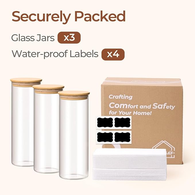 ComSaf Glass Spaghetti Pasta Storage Container with Lids 2 Qt Set of 3, Tall Clear Airtight Food Storage Jar with Wood Cover Kitchen Pantry Storage Container for Noodles Flour Cereal Coffee Beans