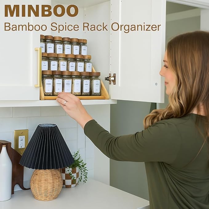 Bamboo Spice Rack Organizer - 3 Tier Foldable Wooden Spice Rack for Countertop, Cabinet & Drawer- Organic Bamboo-Extra Sturdy Wooden Spice Shelf, No Spice Jars Included