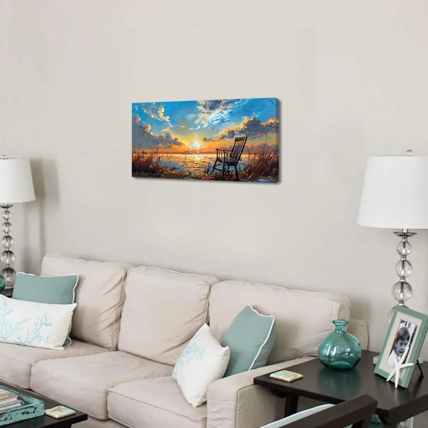 LASMOND Canvas Prints Wall Art Sunset Ocean Beach Pictures Photo nature landscape Paintings for Living Room Bedroom Home Decorations Modern Stretched and Framed Seascape Waves Landscape Artwork( 20x40 Inches )