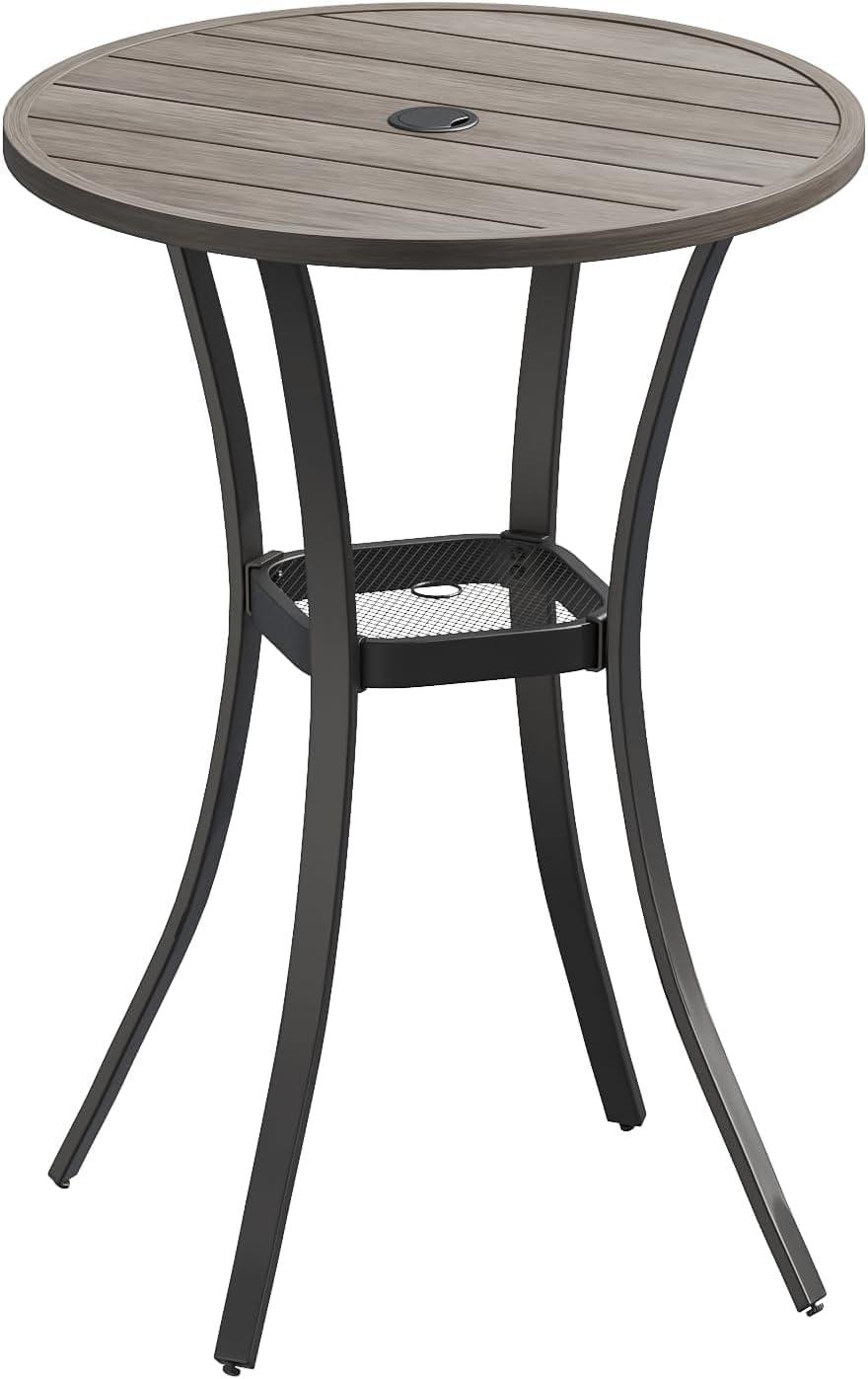 VICLLAX 28" Round Outdoor Bar Table with Adjustable Umbrella Hole, Counter Height Outdoor Furniture for Balcony, Grey Wood-Like