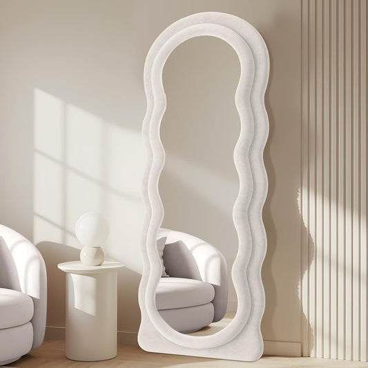 Full Length Mirror 63"x24" Arched Wavy Full Body Wall Mounted Floor Mirror with Stand Ivory Flannel Frame Leaning Hanging Wall Mirror for Bedroom Entrance
