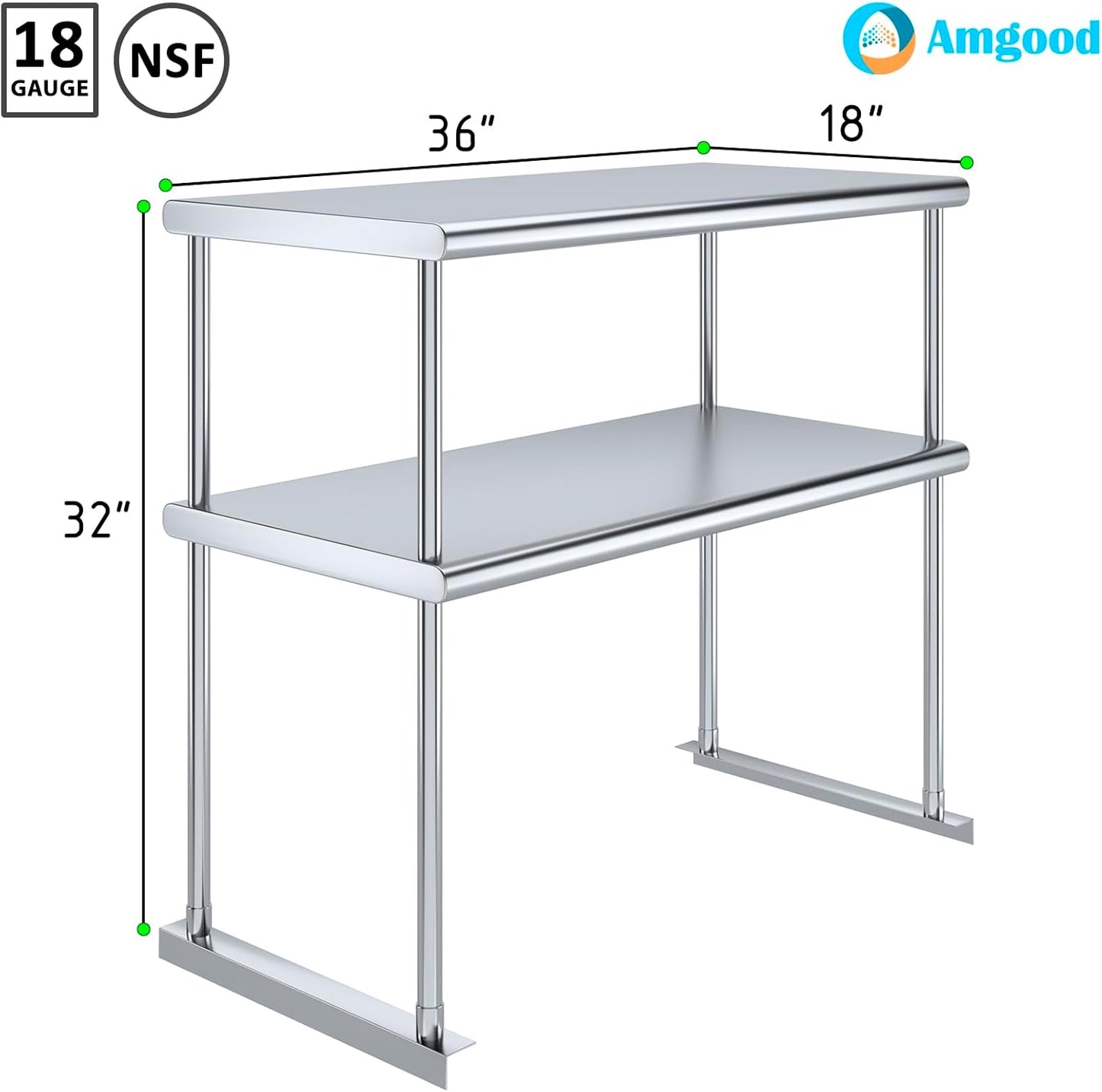 AmGood Double OverShelf Stainless Steel NSF - Many (36" Long x 18" Deep)