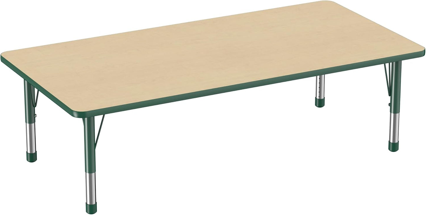FDP Rectangle Activity School and Classroom Kids Table (36 x 72 inch), Toddler Legs, Adjustable Height 15-24 inches - Maple Top and Green Edge