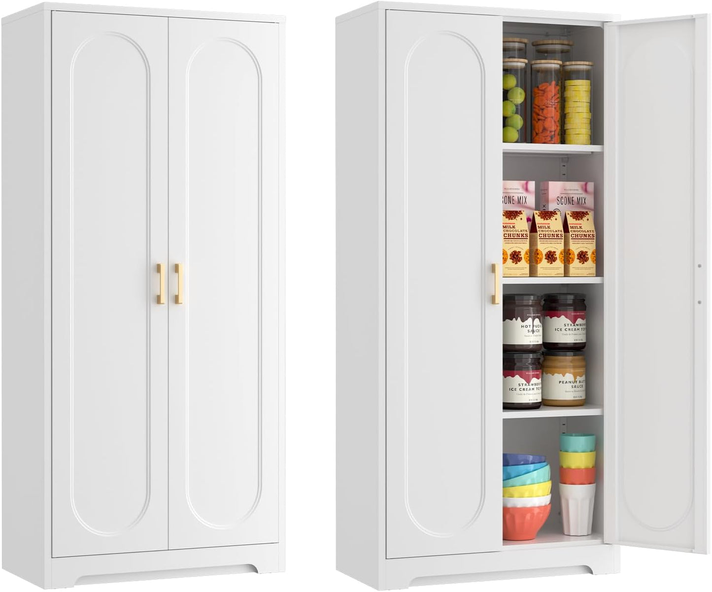 60" Tall Kitchen Pantry Cabinet, Metal Pantry Cabinet with Doors and Adjustable Shelves, White Utility Storage Cabinet with Handles for Dining Room, Bathroom, Laundry Room - Assemble Required