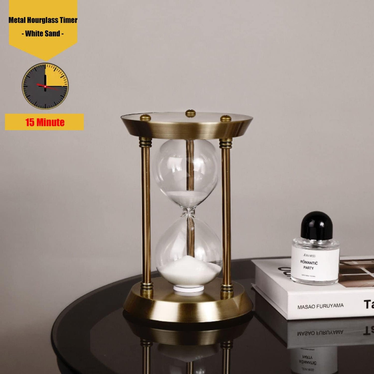 Sand Timer 15 Minutes,Hour Glass,Metal Vintage Hourglass,Hourglass Decor,for Home Decoration Office Desk Wedding Party Decor Kitchen Timer (White Sand)