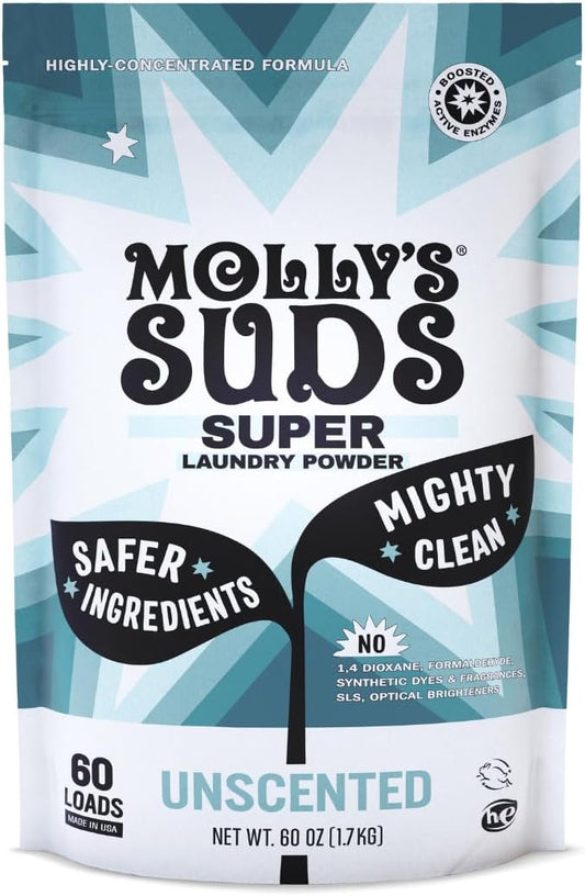 Molly's Suds Unscented Super Powder Detergent | Extra Strength Laundry Soap, Stain Fighting | Sensitive Skin | Simple, Effective Ingredients | 60 Loads