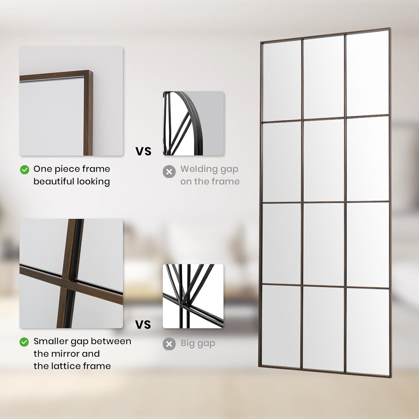 Windowpane Mirror Full Length 71"x30" Wall Mounted Mirror Faded Bronze Frame Vintage Distressed Art Pane Leaning Hanging Wall for Home Decor in Living Room Bedroom Hallway Entrance