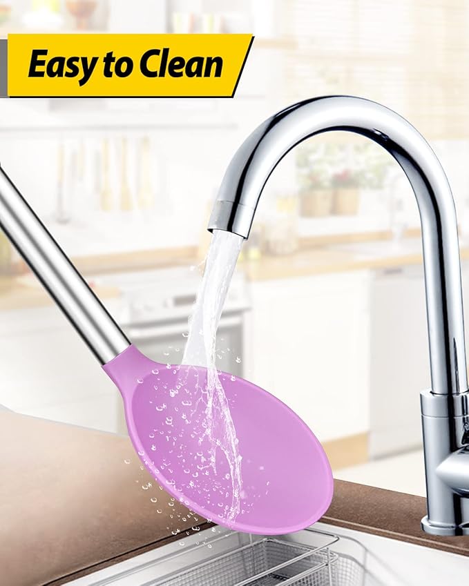 Pack of 2 Large Silicone Cooking Spoons,Non Stick Solid Basting Spoon,Heat-Resistant Kitchen Utensils for Mixing,Serving,Draining,Stirring (PURPLE)