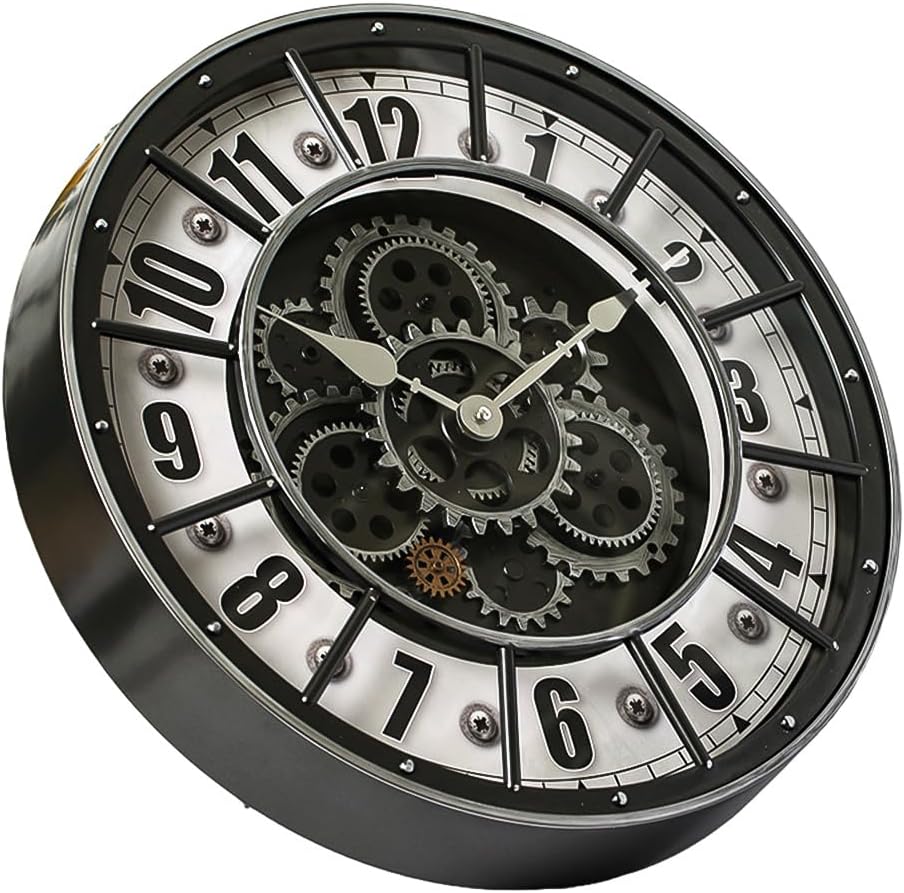 18 Inch Wall Clock with Moving Gears, Oversized Large Industrial Steampunk Decoration, Antique Metal Big Numeral Wall Clocks for Kitchen Study Room Living Room Decor (Industrial Metal Silver-White)