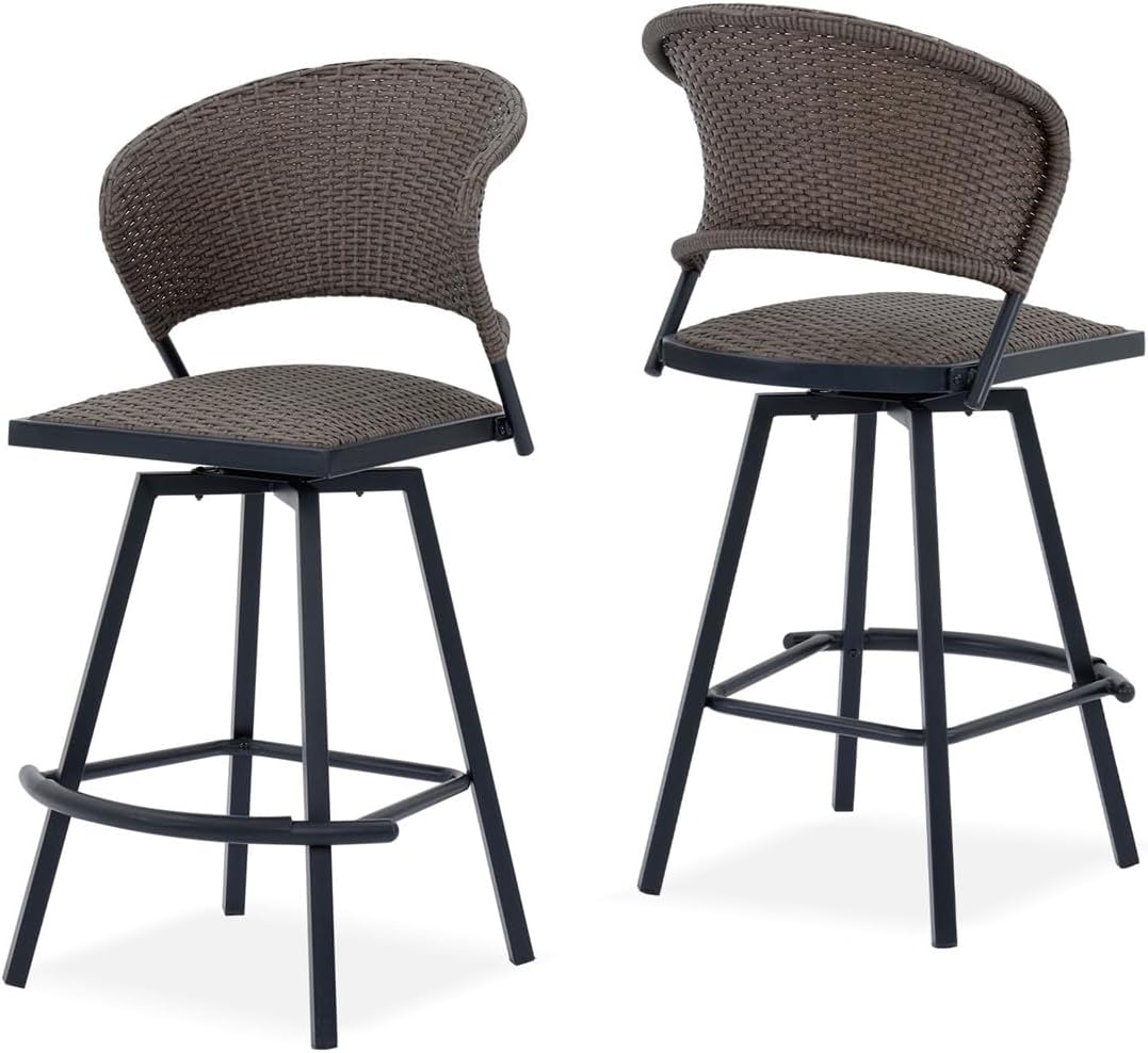 VICLLAX Patio Bar Stool Chairs with Footrests and Padded Seat, Bar Height Swivel Patio Chairs Set of 2, Brown Woven Wicker Swivel Bar Stools for Lawn Garden