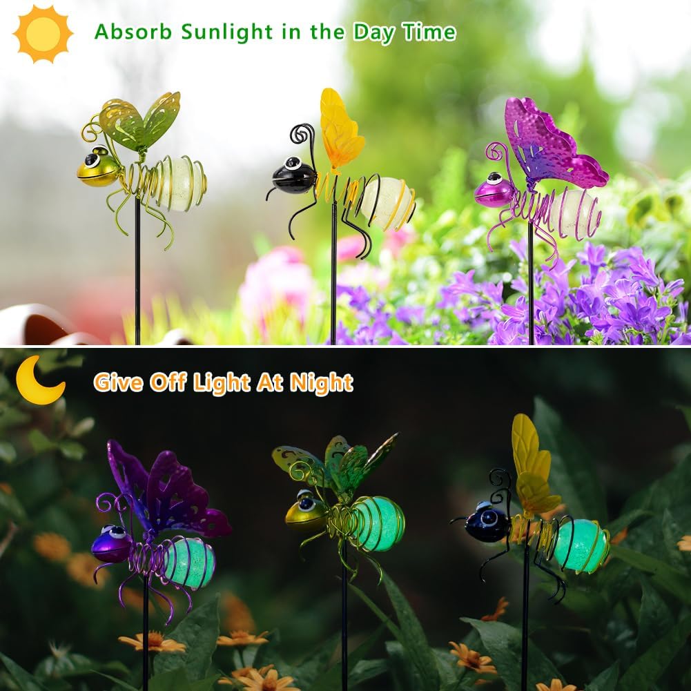 Garden Decor for Outside,3 Pcs Luminous Insect Garden Decorative Stakes,Glow in The Dark Bee Lights Metal Yard Art,Waterproof Outdoor Spring Lawn Patio Pathway Decoration for Mom,Women,Grandma