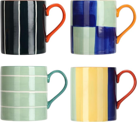 Koja Colorful Hand Painted 16 oz. Porcelain Ceramic Mugs Set. Service for 4.