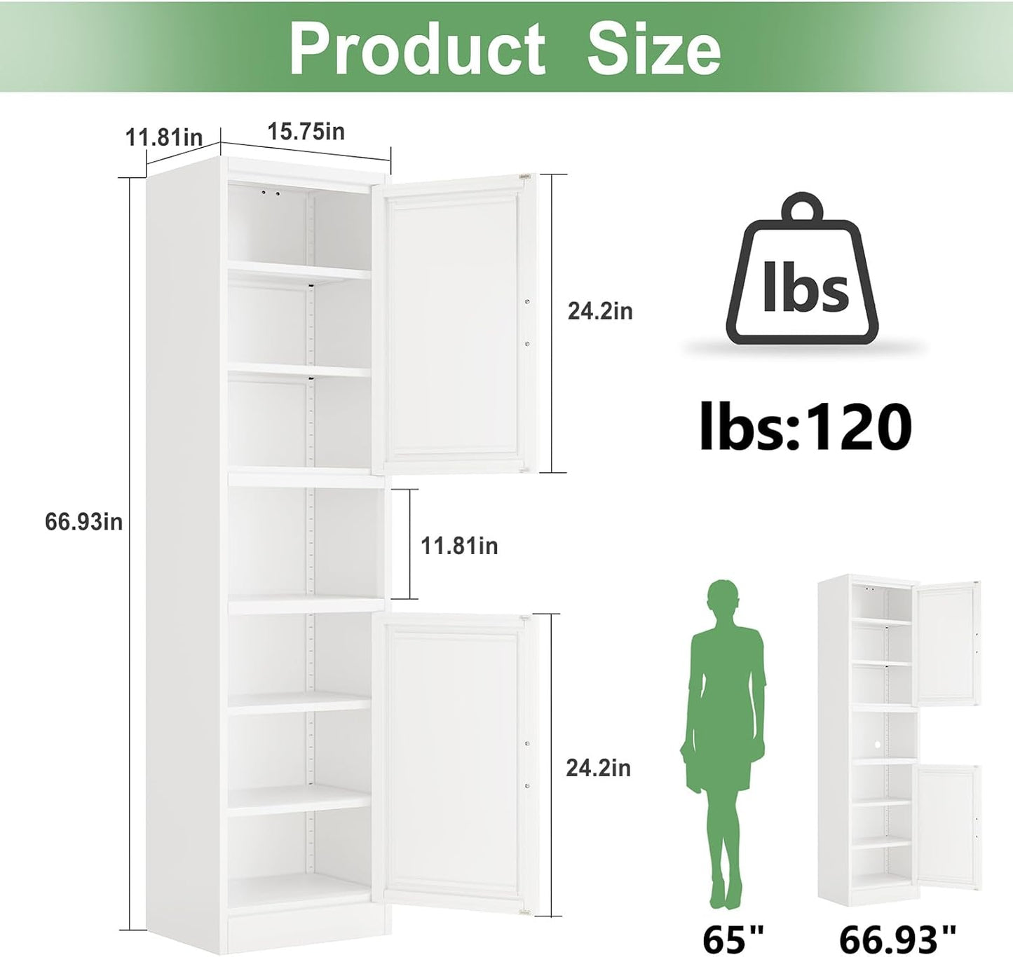 Tall Narrow Storage Cabinet 66.93" H Tall Bathroom Cabinets Metal Pantry Cabinet, 4 Adjustable Shelves for Kitchen, Home Office, Living Room, Dinning Room (16 inches Wide White)