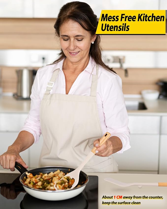 Pack of 2 Large Silicone Spatula, Heat Resistant Solid Turner, Non Stick Slotted Spatulas with Wooden Handle, Ideal Kitchen Utensils for Flipping, Pancakes, Eggs, Fish(KHAKI)