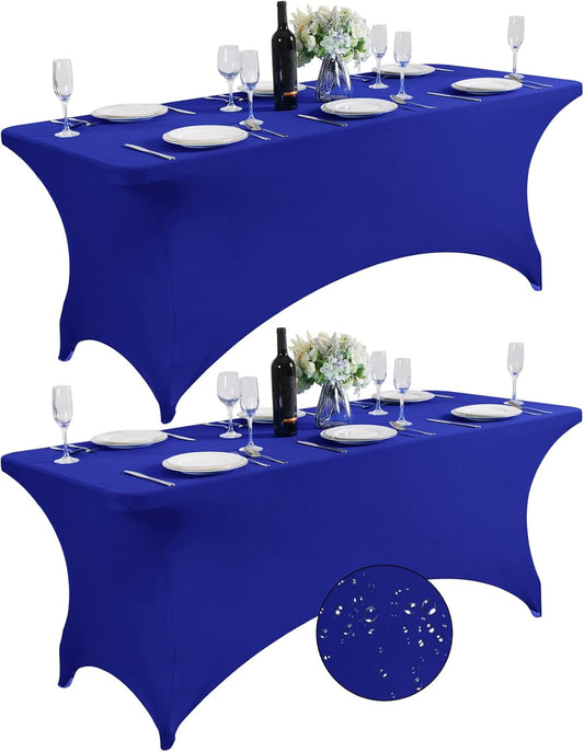SuperO 2Pack Waterproof Spandex Table Cover for 6FT Table Universal Fitted Stretch Tablecloth for Party, Banquet, Wedding and Events-Royal Blue