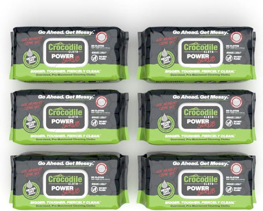 Crocodile Cloth Power Scrub - 6 pack. 480 (15" x 10") Heavy Duty Cleaning Wipes. Safe on Skin & Multiple Surfaces. Infused with Aloe & Vitamin E. Textured, Large, Pre-Moistened & Absorbent.