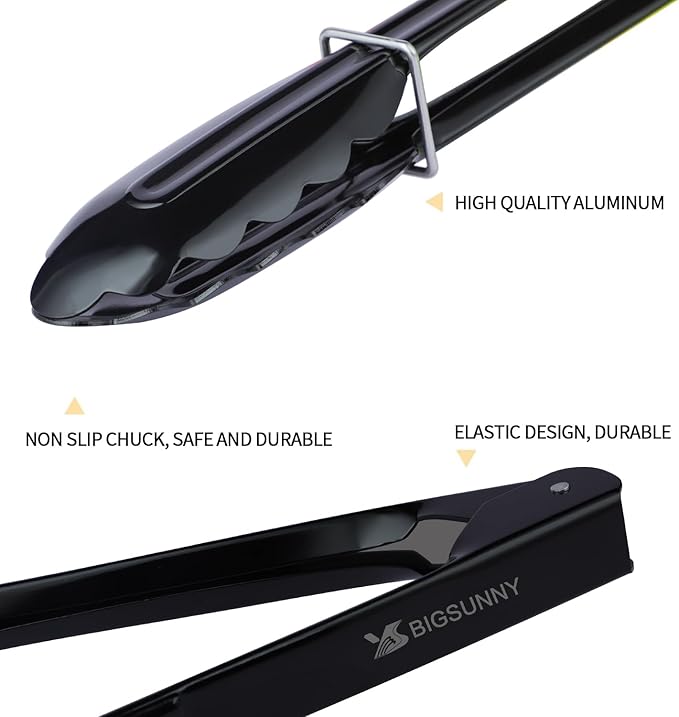 MSY BIGSUNNY 9 Inch Kitchen Food Tongs, Buffet Tongs, Serving Tongs, Black Aluminum Tongs - Set of 3