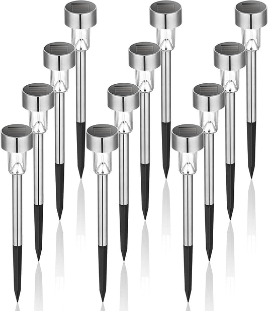 GIGALUMI Solar Lights Outdoor Waterproof, 12 Pack, Stainless Steel LED Solar Garden Lights for Patio, Lawn, Yard and Landscape, Cold White