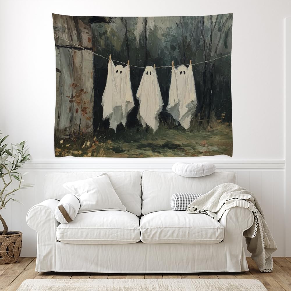 Vintage Halloween Tapestry Funny Ghosts on Clothesline Tapestry Wall Hanging Farmhouse Gothic Room Decor Spooky Ghost Prints for Dark Academia Halloween Party House Decoration Tapestries 30x40inch