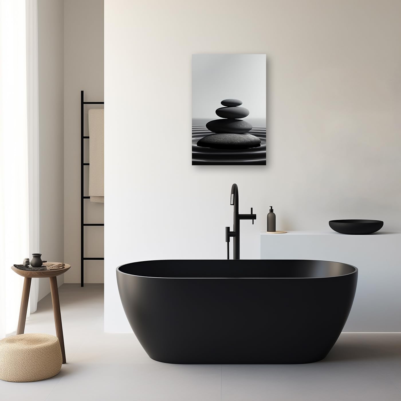 DOARTDO Zen Stone Canvas Wall Art Black and White Spa Stones Picture Print Modern Meditation Spirit Bathroom Decor Frame (20.00" x 30.00", Zen Stone - 1)